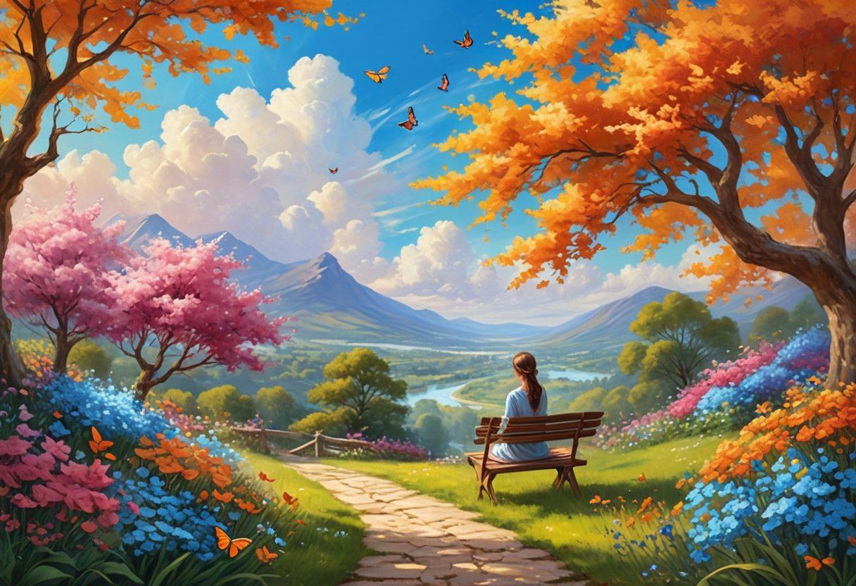 An enchanting garden filled with colorful flowers, butterflies, and sunshine, symbolizing happiness and joy. A serene figure meditating peacefully among the blooms, radiating a warm glow. Bright blue skies and soft clouds create a hopeful atmosphere. Include positive words like 'Joy' and 'Bliss' woven into the scenery. painted, vibrant colors, whimsical style.