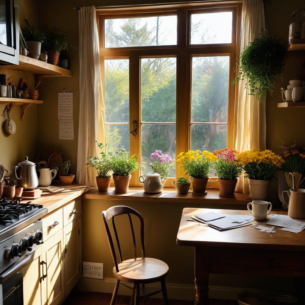 A sunlit morning scene featuring a cozy kitchen with a steaming cup of tea on the table, surrounded by blooming plants and cheerful notes on the wall. Capture a joyful person practicing mindfulness, surrounded by uplifting elements like bright sunshine filtering through the window and colorful flowers. Emphasize warmth, vibrant colors, and an inviting atmosphere. super-realistic. vibrant colors. cozy aesthetic.